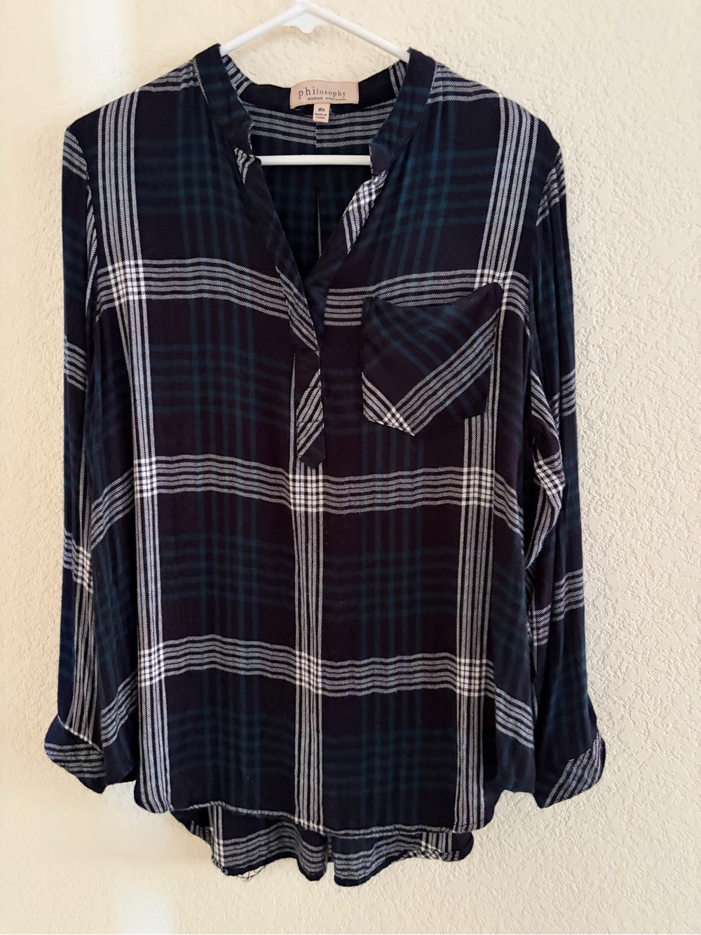 Philosophy Green, Black and White Plaid Henley Tunic